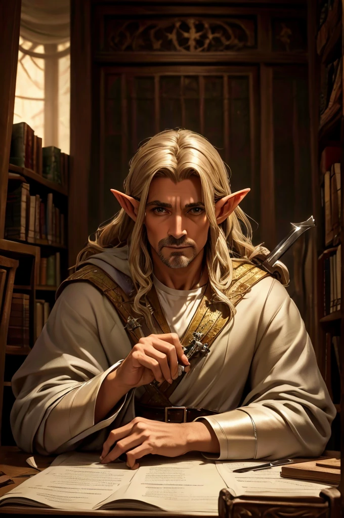 Elf 50 year old man who is wearing a fancy cleric robe with a battle sword on his shoulder, sitting behind a desk with lots of papers piled behind him in a full library lots of books scattered everywhere.