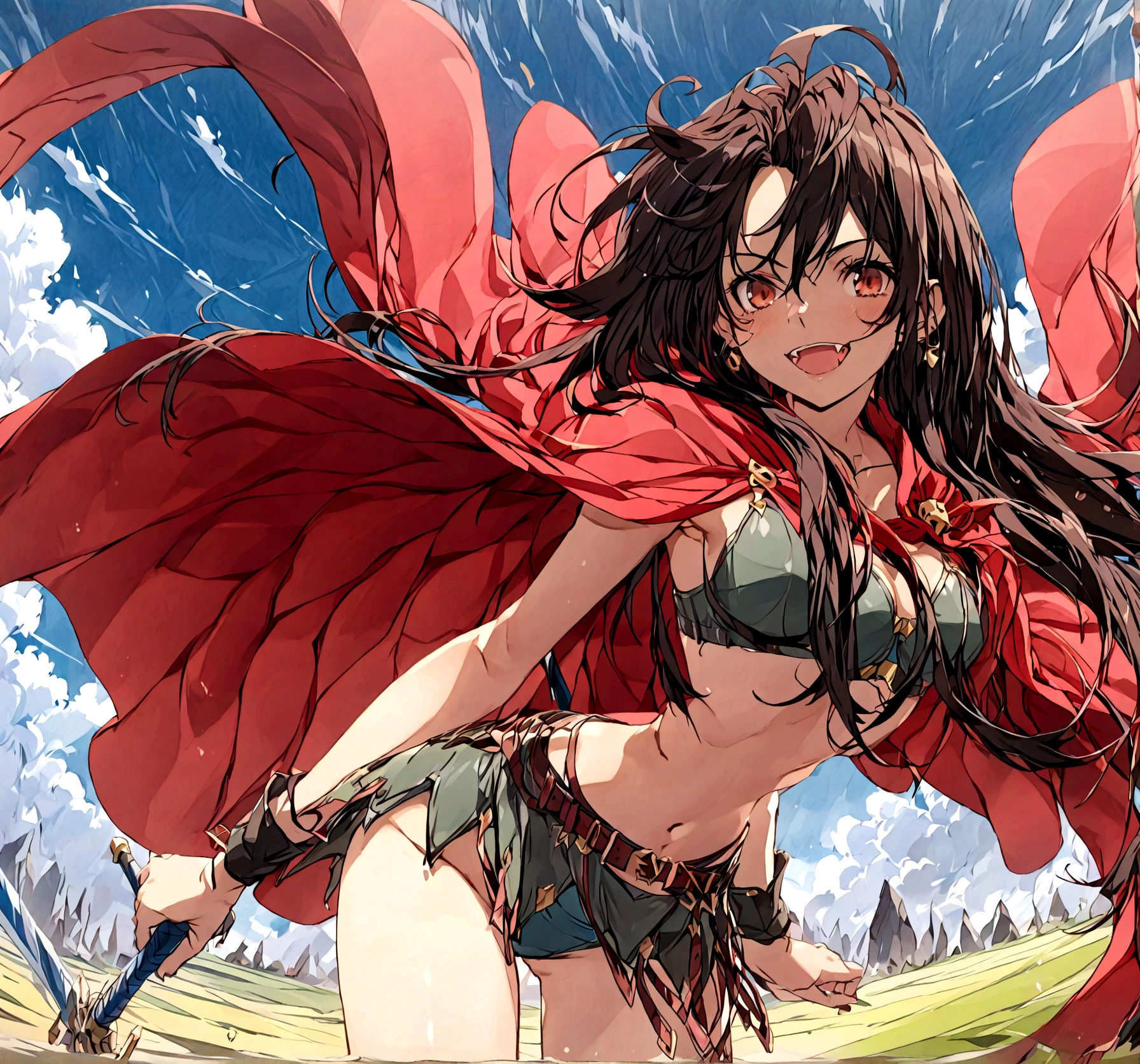 (masterpiece, best quality, top quality, 4k, 8k, high resolution, highres), (insanely detailed, ultra-detailed, super detailed, highly detailed) ,(HDR, UHD), (studio lighting), ultra-fine drawing, sharp focus, physically based rendering, professional, vibrant colors,
Realistic, Oil painting, cel anime
anime, kawaii, qute,
(((Long shot, Wide shot, Distant view))),
Night, Dark, Moonlight,
Place your left hand on the hilt of the sword stuck in the ground, then thrust your right hand forward,
a girl, looking at viewer, (((Thighs))),
Provocative smile, cruel smile, cruel smile,
(((Standing upright))), (((Jojo pose))),
Slanted eyes, narrow eyes, red eyes, long hair, black hair, messy hair,
(((Dark Skin, Black Skin))),
Berserker, Chest Armor, Breastplate, Bikini, Red Poncho,
armored orcs, A lot of orcs, A lot of orcs near the girl, Orcs surrounding the girl, screaming orcs,