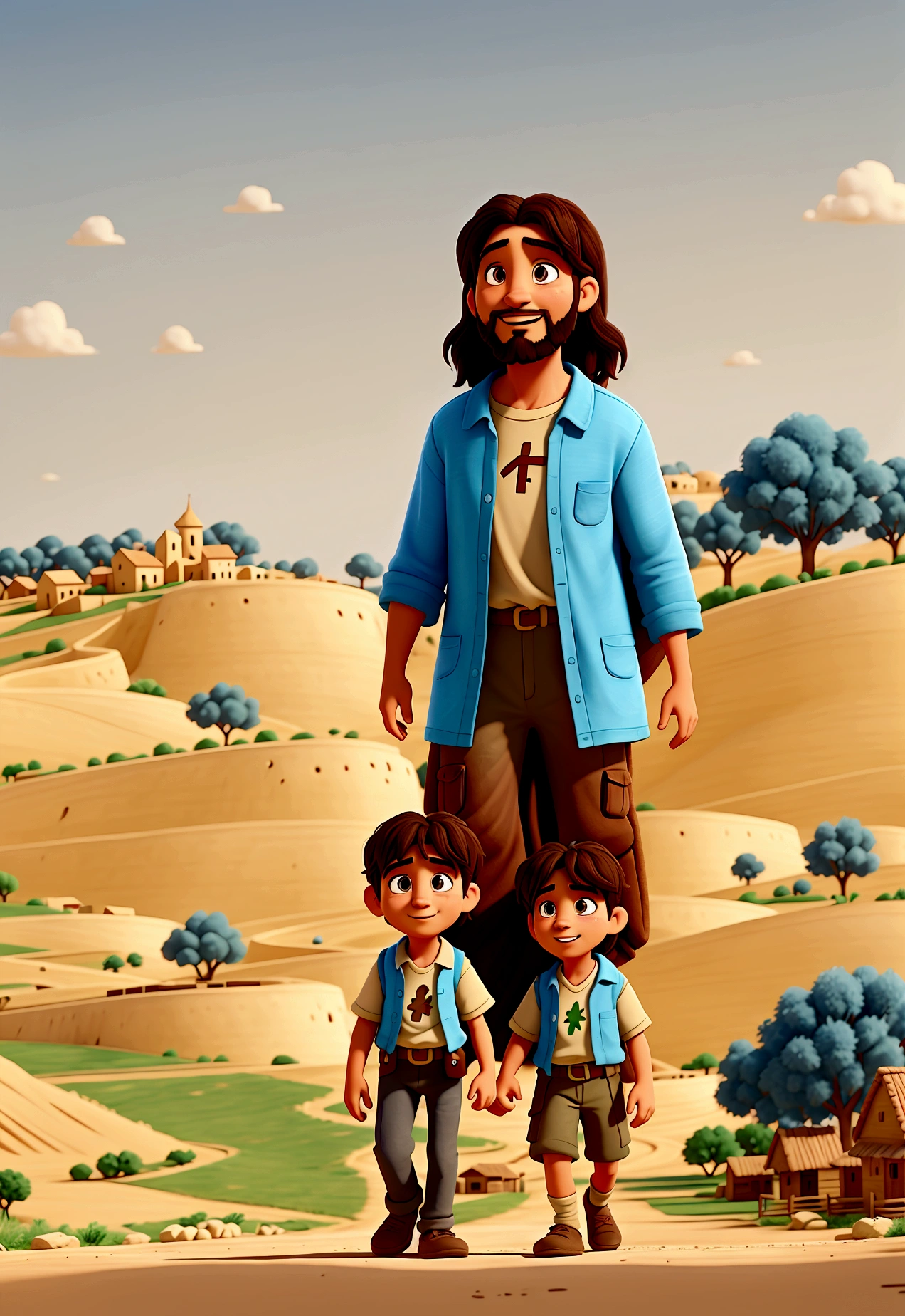 illustrations of 2 followers of Jesus walking to Emmaus, a village just a few kilometers from Jerusalem on the dusty road, cinematography, 8k, pixar style, Disney style, high quality