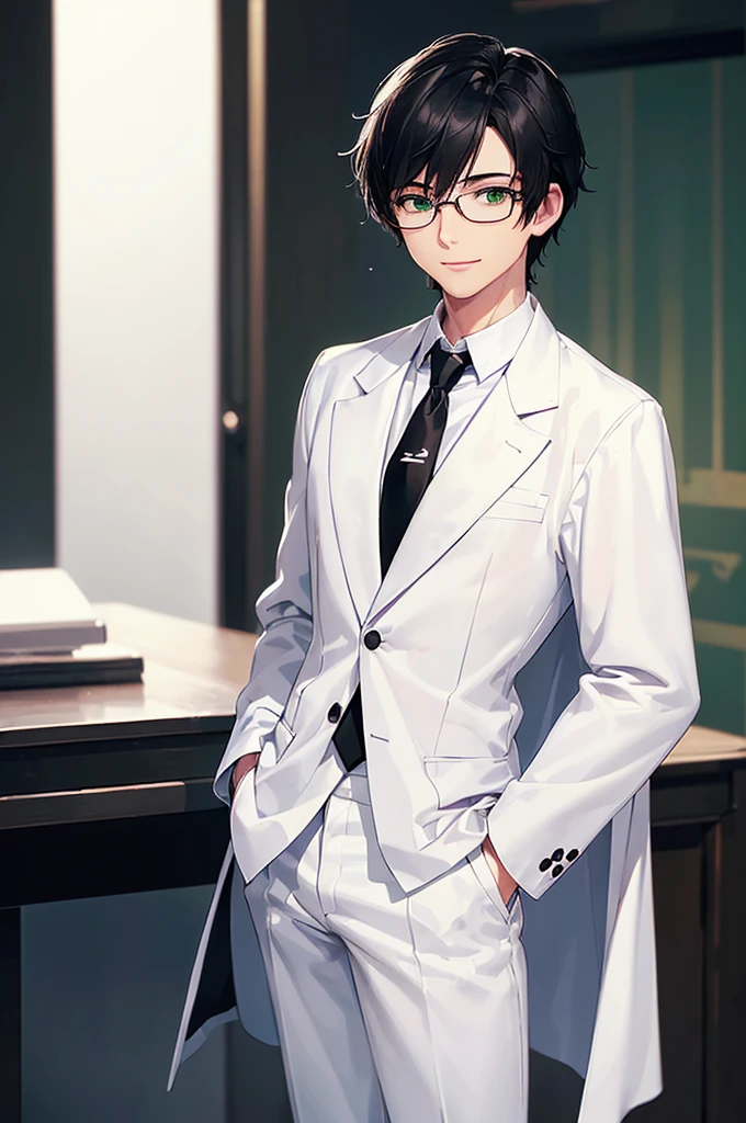 (masterpiece; best quality: 1.2), (finely detailed eyes: 1.3), ((25 year old man)), ((solo)), (green eyes: 1.4), (body; lean, toned, masculine: 1.3), (very short black hair: 1.3), (beautiful and clear background: 1.2), ((depth of field)), (equipment: white open labcoat + black shirt + white necktie + white pants + black square glasses: 1.3), (anime illustration: 1.2), (background composition; japanese highschool classroom + furniture: 1.1), (extremely fine and handsome: 1.1), (shot composition; standing + centered on torso + close-up: 1.5), (expression; calm, smile: 1.2)