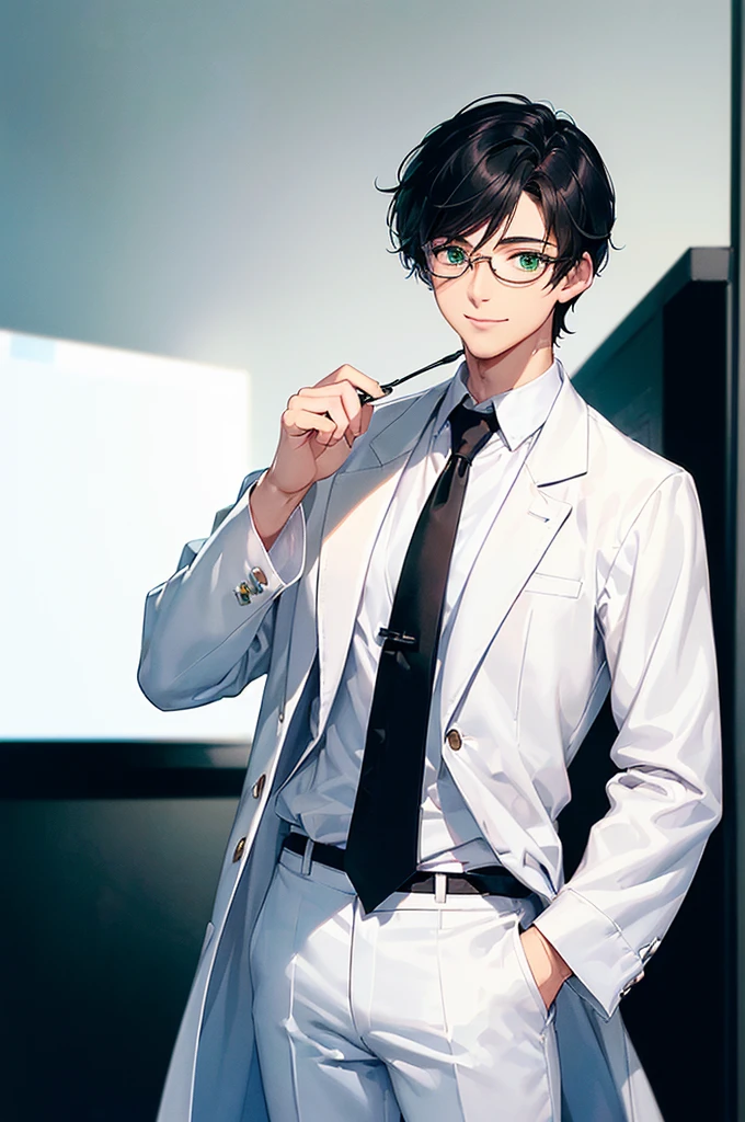 (masterpiece; best quality: 1.2), (finely detailed eyes: 1.3), ((25 year old man)), ((solo)), (green eyes: 1.4), (body; lean, lithe, masculine: 1.3), (very short black hair: 1.3), (beautiful and clear background: 1.2), ((depth of field)), (equipment: white open labcoat + black shirt + white tie + white pants + black square glasses: 1.3), (anime illustration: 1.2), (background composition; japanese highschool classroom + furniture: 1.1), (extremely fine and handsome: 1.1), (shot composition; standing + centered on torso + close-up: 1.5), (expression; calm, smile: 1.2)