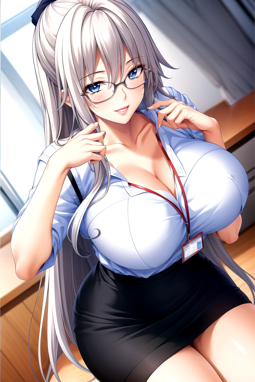 Perfect hands, Clear your fingers, Perfect fingers,full hand 苗条的身材,wear glasses, office lady,office worker,Pencil Skirt,office worker装, (ID card) Lanyard,露little bra, 露little underwear, show cleavage, Office Background, 1 girl,20 years old, Young women,Fair Finger,Fair long legs,Fair Body,Fair Nose,Fair character design, Perfect eyes, perfect Face,Expressive eyes, Looking at the audience,(lead_Body),(Focus on her Face), Official Art,Extremely detailed CG unity 8k wallpaper, Perfect Lighting,rich and colorful, bright_front_Face_Light,Light skin, (masterpiece:1.0),(最OK_quality:1.0), Ultra-high resolution,4K,Very detailed, photography, 8K, Human Development Report, high resolution, absurd:1.2, Kodak Portrait 400, Film Grain, Blurred background, Bokeh:1.2, Lens Light Halo, (Energetic_color:1.2) (Fair,Target_Chest:1.3), (Fair_Face:1.5),(narrow_waist),Happy，Smile, Off-shoulder,clavicle,Perfect hands, Clear your fingers, Perfect fingers,full hand,wear glasses, office lady,office worker,Office Background,Pencil Skirt,office worker装, (ID card) Lanyard,露little bra, 露little underwear, show cleavage