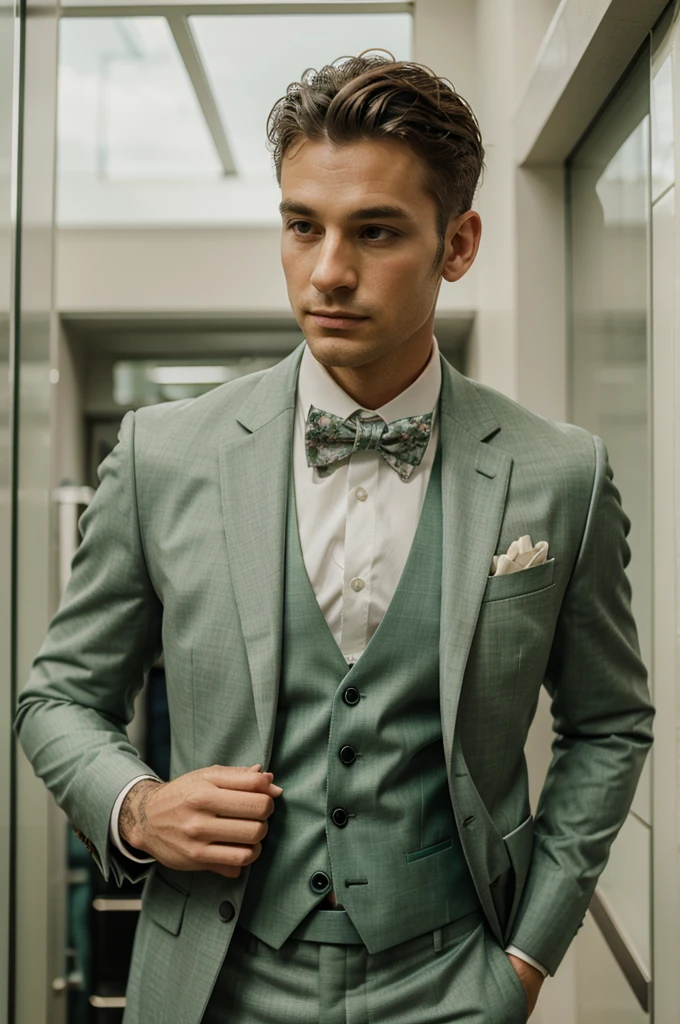 Green sage Bohem chic suit for man with floral bow tie for wedding. The bow tie is made of floral fabric