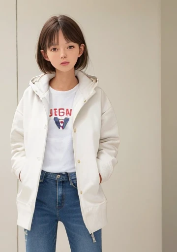 1girl, white jacket, jeans, wrinkle t-shirt, hair covers ears, hands in pocket,