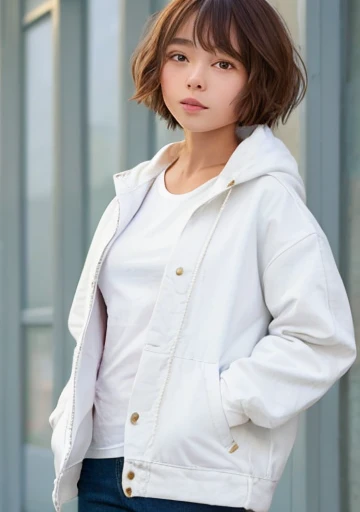 1girl, white jacket, jeans, wrinkle t-shirt, hair covers ears, hands in pocket,