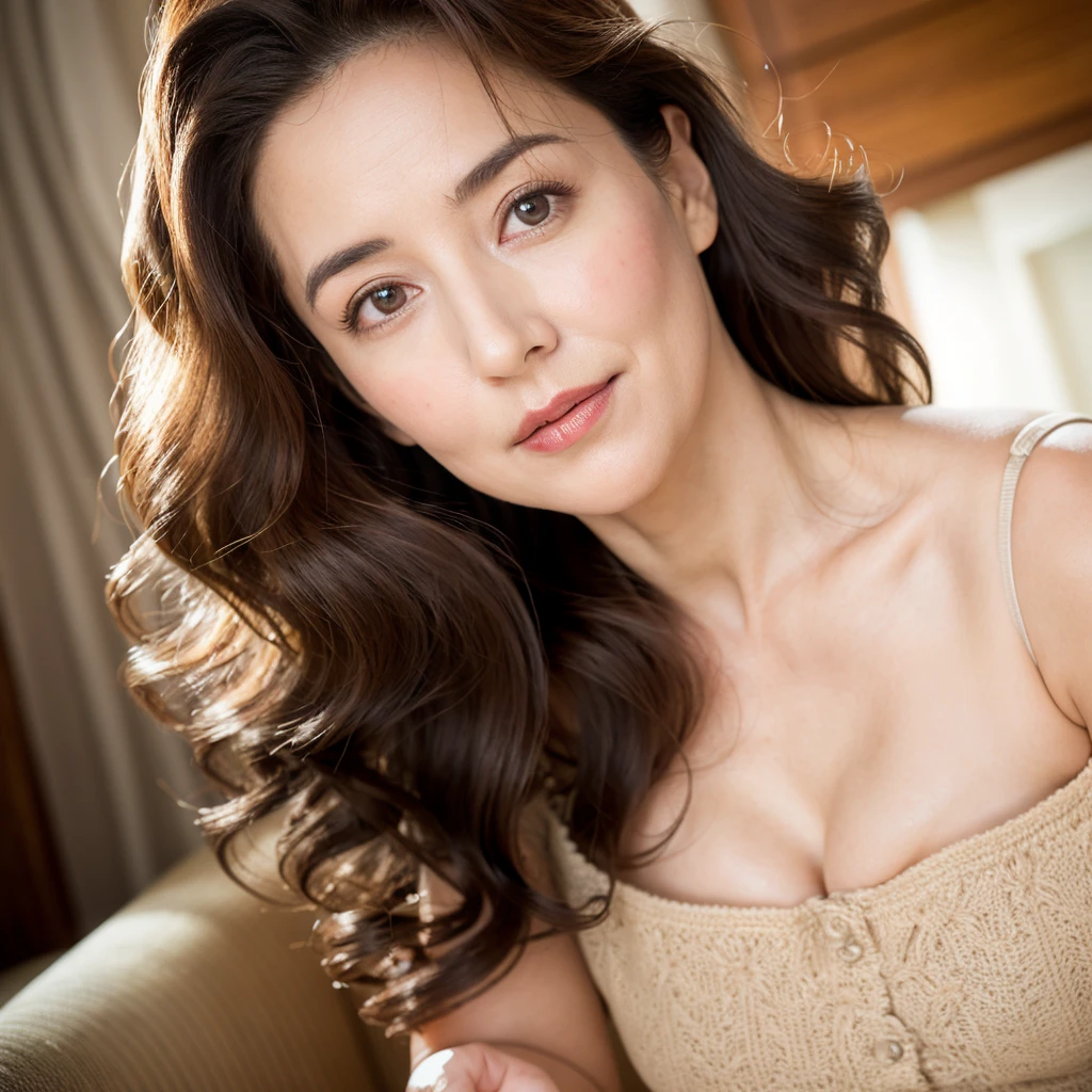 Beautiful mature woman with beautiful wavy hair and voluptuous looks, She is alluring, Beautiful Mature Woman, Ultra-high resolution,(Realistic:1.4), ((Highest quality)), ((masterpiece)), (be familiar with),