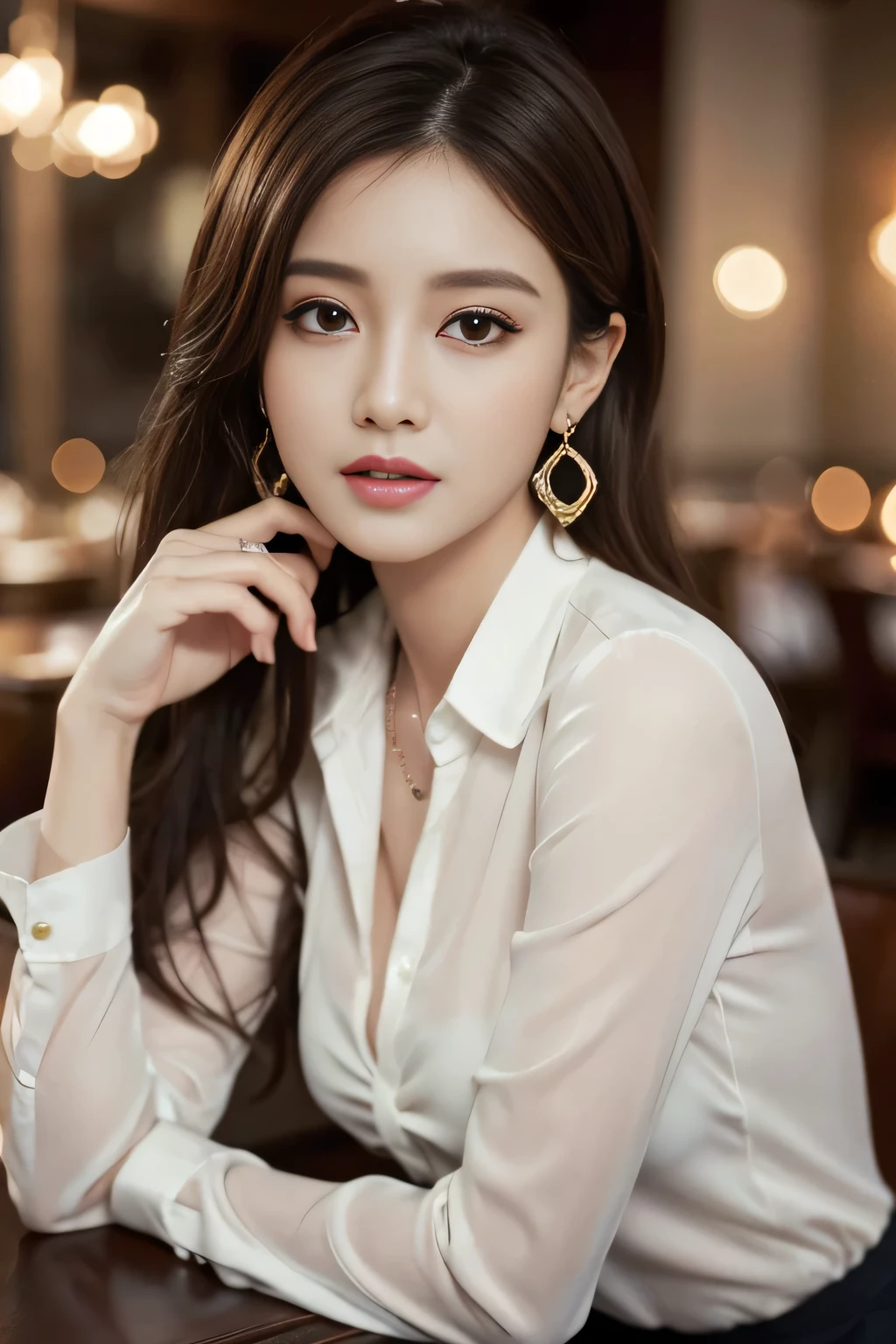 masterpiece, Highest quality, Realistic, Very detailed, Finer details, High resolution, 8k wallpaper, One beautiful woman, Wear an elegant see-through shirt, In a great restaurant, At night, Light brown messy hair, Perfect dynamic composition, Beautiful and beautiful eyes、Big earrings、Sit on a chair、