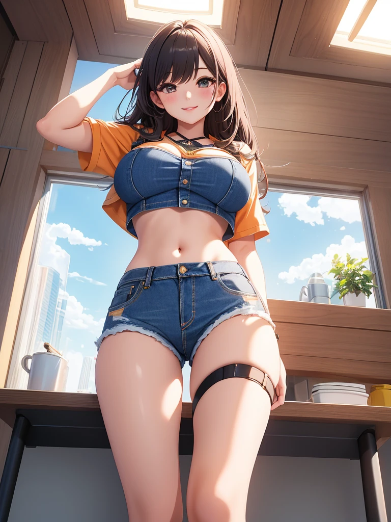 best quality, 1girl, masterpiece ultra detailed, illustration, glossy lips, indoors, standing, big breasts, (denim short shorts, hot micro_shorts, crop top), light smile, View viewers from the front, thigh strap, very sexy, (from below)