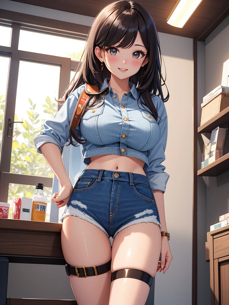 best quality, 1girl, masterpiece ultra detailed, illustration, glossy lips, indoors, standing, big breasts, (denim short shorts, hot micro_shorts, crop top), light smile, View viewers from the front, thigh strap, very sexy, (from below)
