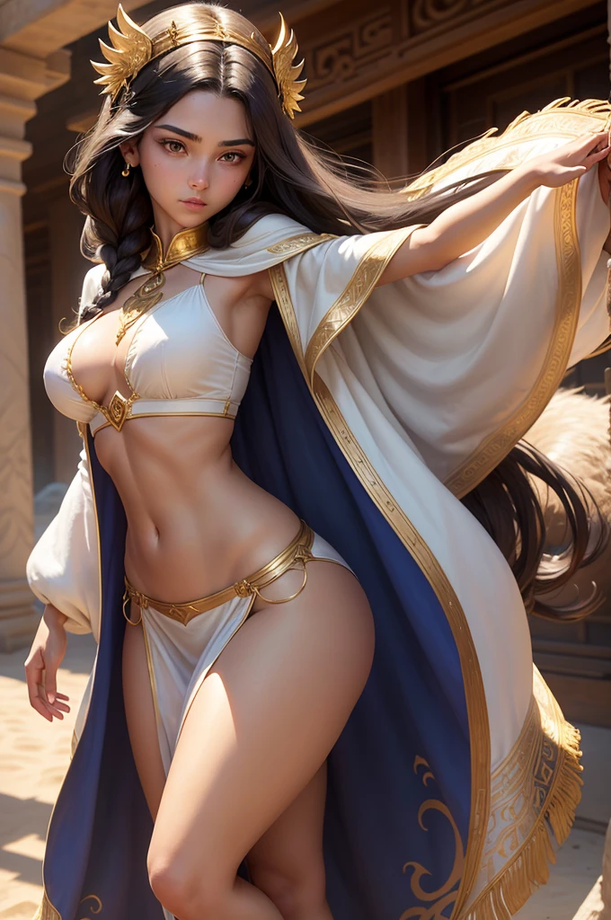 This girl with a slim and perfect body is called Neferi. She is a and has an elegant and regal appearance.. Her long, dark hair is braided with golden beads and adorned with ostrich feathers.. She wears a short white linen tunic with gold embroidery open from the front showing her beautiful thighs and hips. She also wears a royal blue linen cape..
Phenotype: His almond-shaped eyes are an intense amber color., and his skin is a warm tone, like the sand of the desert and shows off her perfect body and large, beautiful and firm breasts, Neferi Girl is brave and strategic. hot girl, back angle