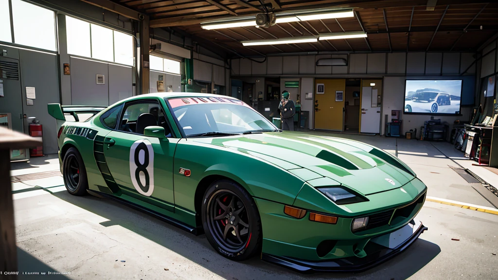 A man with green hair and glasses standing in a garage filled with racing cars, Movie still 8k, 8K Cinema Stills, Live-action movie stills, Cinematic, Japanese live-action films, A scene from a live-action movie, Tokyo Drift, Lostrun 8k,