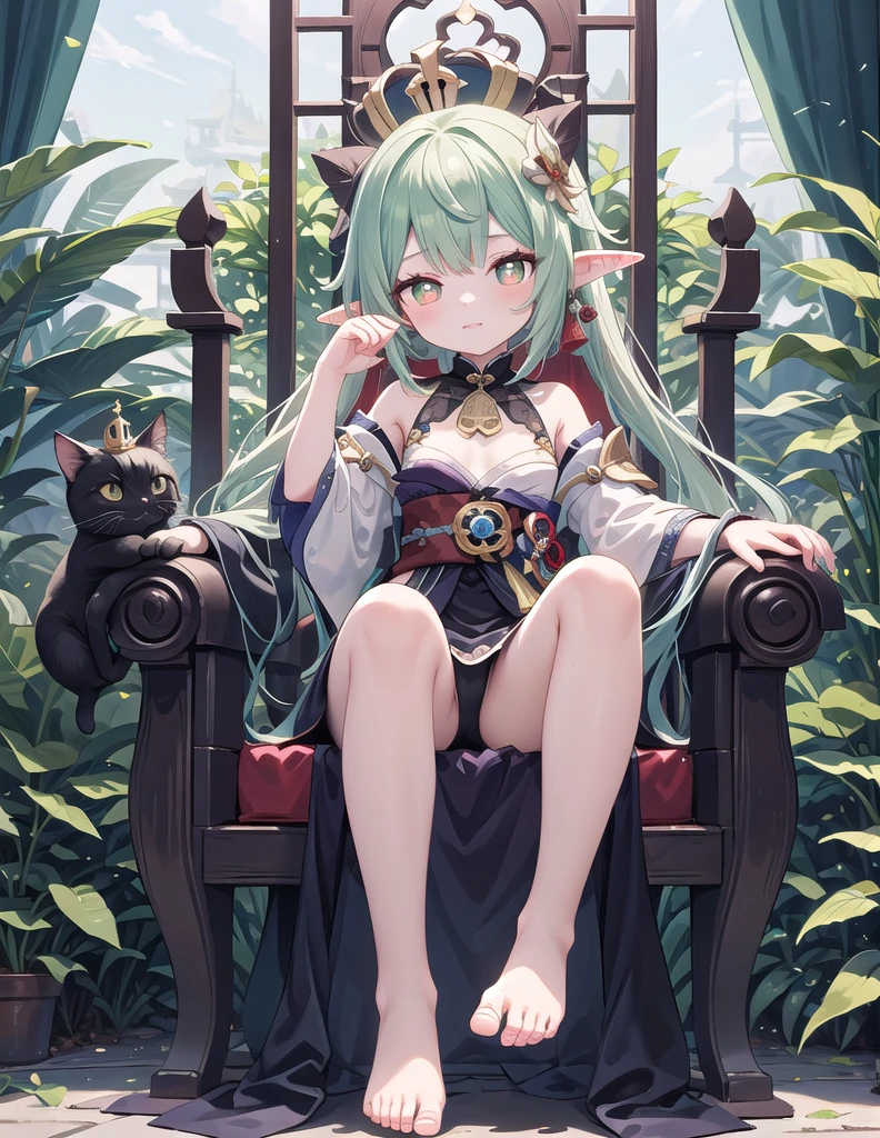 masterpiece,best quality,high quality,(colorful),,1girl, solo, petite,loli girl,pointy_ears,small breast, :), Palace, towering above, overlooking viewer, with light from behind,Dark scenes,dark, king, Crown, leaf crown,Throne, a  throne, sitting alone on the throne, (chibi:0.1), masterpiece,bestquality, white hair,green hair,green eyes,symbol-shaped pupils, bangs, breasts,cross-shaped pupils, hair ornament, gradient hair,bare foot, black cat near foot,nahida (genshin impact),
