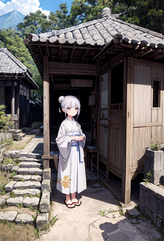 An image of a wise elder named Hana in a small, ancient village, with silver hair tied in a bun, wearing a simple but elegant robe, known for her deep wisdom and fair judgments, with traditional village houses in the background. (masterpiece, hd, best quality, 2d)