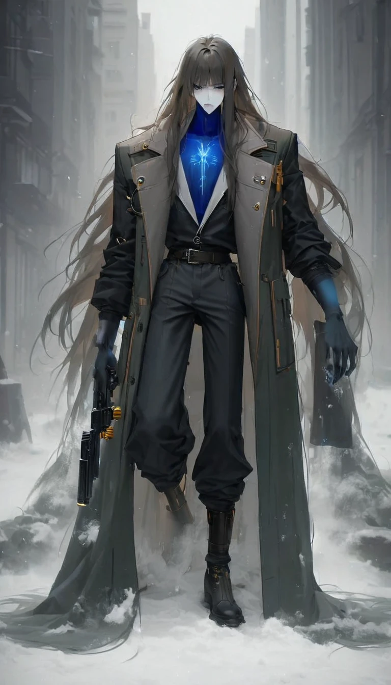19 years old, skin as pale as clear snow, knee length golden/datk brown hair, dark greenish-yellow blue eyes, 6.4 foot tall, cold hearted, dark long-sleeved jacket woth a high collar, long dark pants black shoe's, a cold emotionless expression, a mix between cyberpunk and steampunk, carries a large black heavy hand cannon (handgun but made to fire much larger calibres of ammunition) male focus, Long hair, male, top quality,
