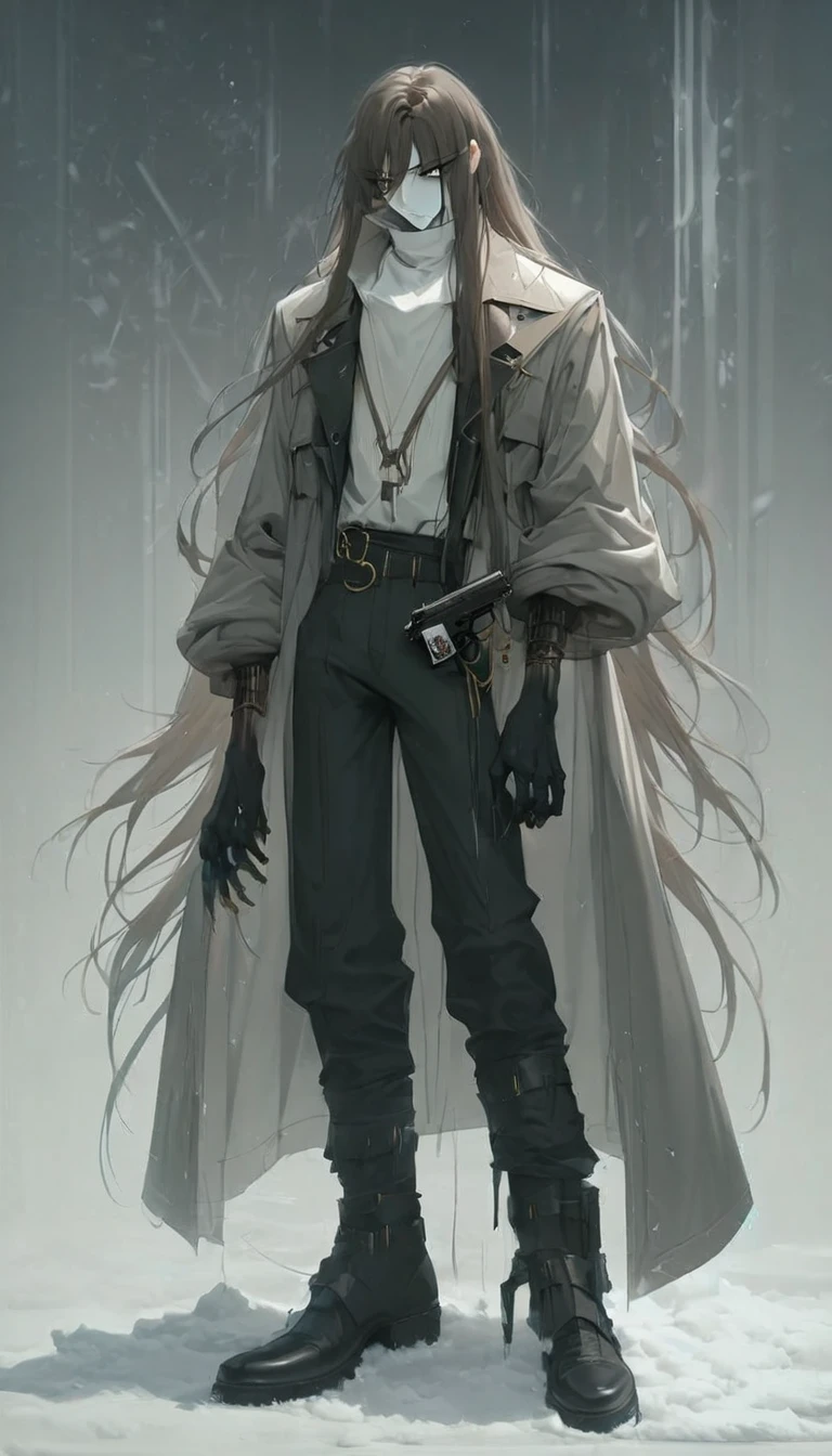 19 years old, skin as pale as clear snow, knee length golden/datk brown hair, dark greenish-yellow blue eyes, 6.4 foot tall, cold hearted, dark long-sleeved jacket woth a high collar, long dark pants black shoe's, a cold emotionless expression, a mix between cyberpunk and steampunk, carries a large black heavy hand cannon (handgun but made to fire much larger calibres of ammunition) male focus, Long hair, male, top quality,