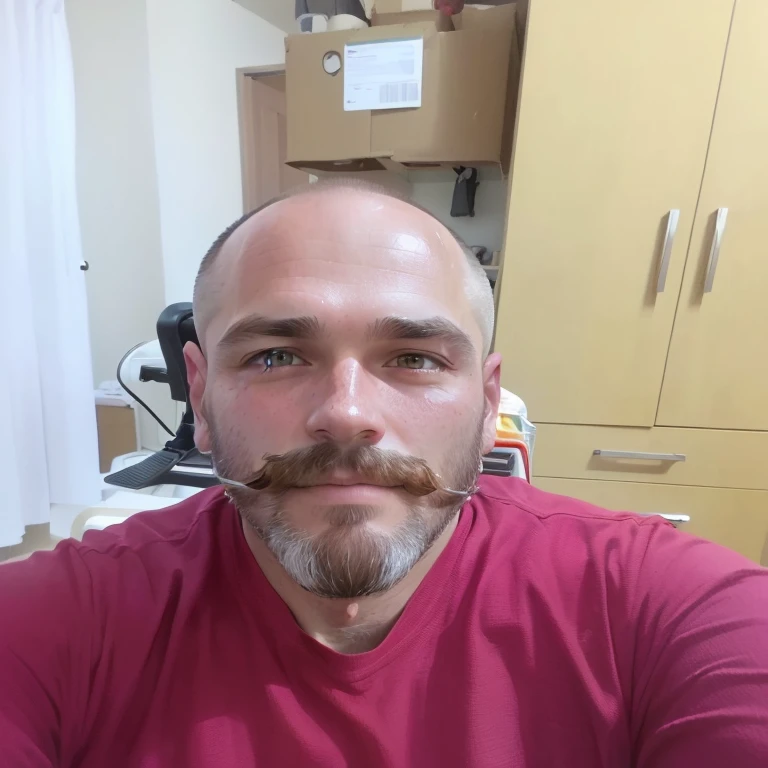 man in a red shirt sitting in a kitchen, 8k selfie photograph, 4 0 years old man, clean-shaven face, frontal image, clean-shaven face, with accurate face, 5 0 years old man, no hair completely bald, unshaven beard, face picture, clean clean-shaven face, selfie of a man, sem beard, sem beard and mustache
