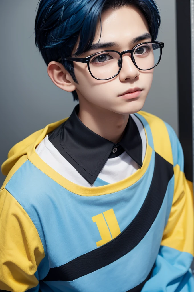 A boy with black glasses, blue hair and a yellow blouse on a background written pkxd