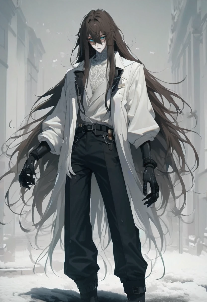 19 years old, skin as pale as clear snow, knee length golden/datk brown hair, dark greenish-yellow blue eyes, 6.4 foot tall, cold hearted, dark long-sleeved jacket woth a high collar, long dark pants black shoe's, a cold emotionless expression, a mix between cyberpunk and steampunk, carries a large black heavy hand cannon (handgun but made to fire much larger calibres of ammunition) male focus, Long hair, male, top quality,