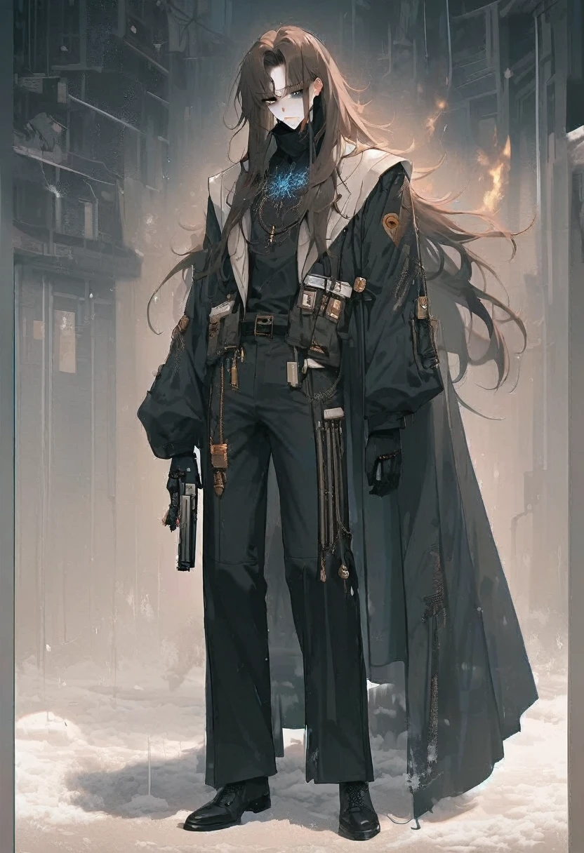 19 years old, skin as pale as clear snow, knee length golden/datk brown hair, dark greenish-yellow blue eyes, 6.4 foot tall, cold hearted, dark long-sleeved jacket woth a high collar, long dark pants black shoe's, a cold emotionless expression, a mix between cyberpunk and steampunk, carries a large black heavy hand cannon (handgun but made to fire much larger calibres of ammunition) male focus, Long hair, male, top quality,