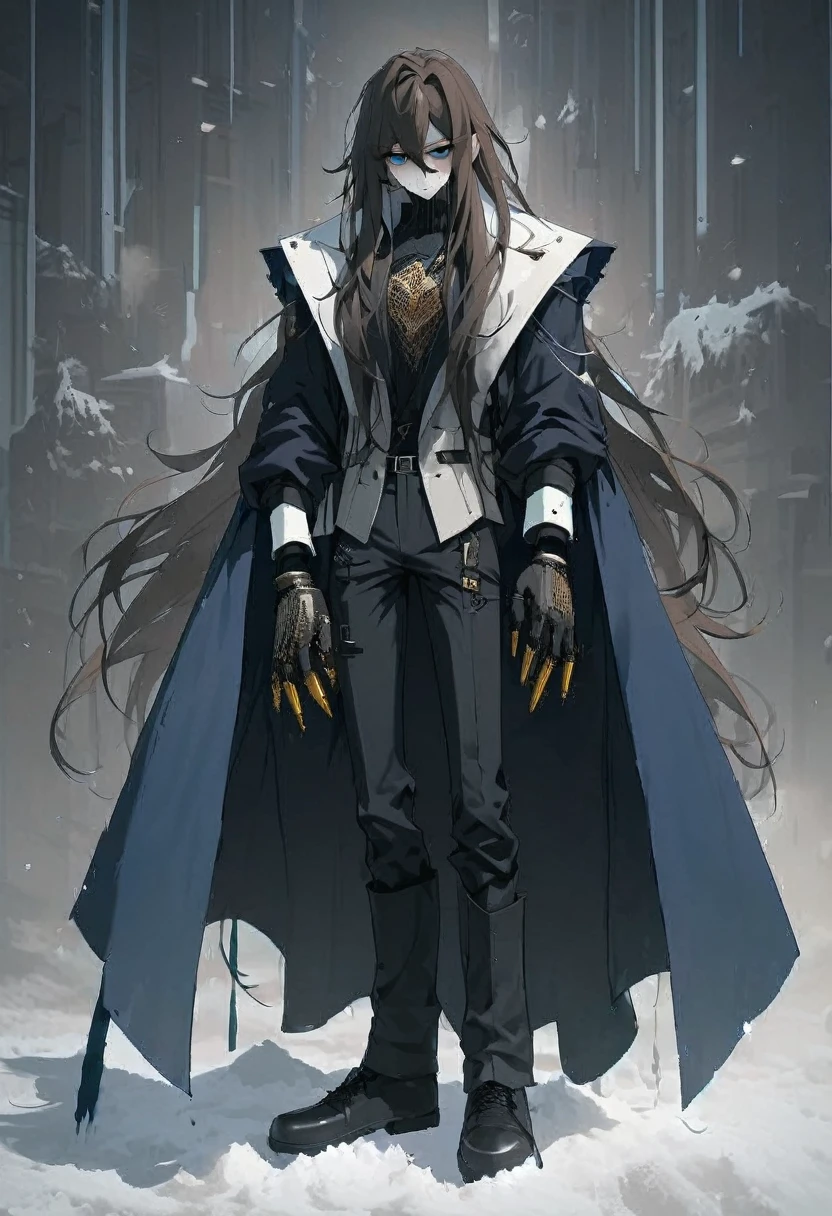 19 years old, skin as pale as clear snow, knee length golden/datk brown hair, dark greenish-yellow blue eyes, 6.4 foot tall, cold hearted, dark long-sleeved jacket woth a high collar, long dark pants black shoe's, a cold emotionless expression, a mix between cyberpunk and steampunk, carries a large black heavy hand cannon (handgun but made to fire much larger calibres of ammunition) male focus, Long hair, male, top quality,