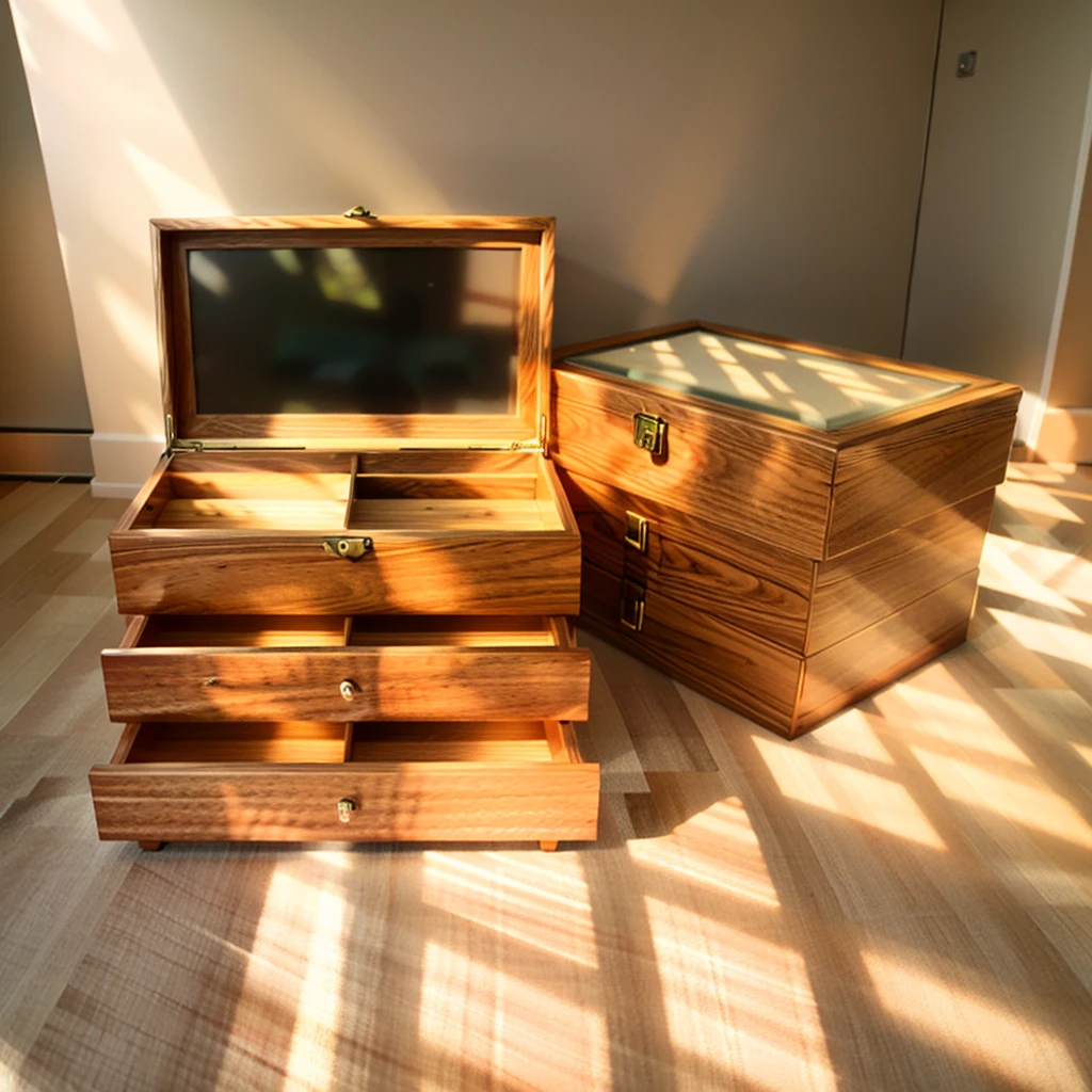 In this cozy room,A ray of sunlight shone through the half-drawn curtains on the table,Let the wood grain on the watch storage box shine with a faint luster。There was a calm and peaceful atmosphere in the air around them。There are several still lifes hanging on the walls of the room,It adds a touch of elegance to the space。And on the other side of the room,The half-open window lets in the breeze,The pages on the small desk by the window turned in the wind,This quiet scene gives a sense of tranquility and comfort。