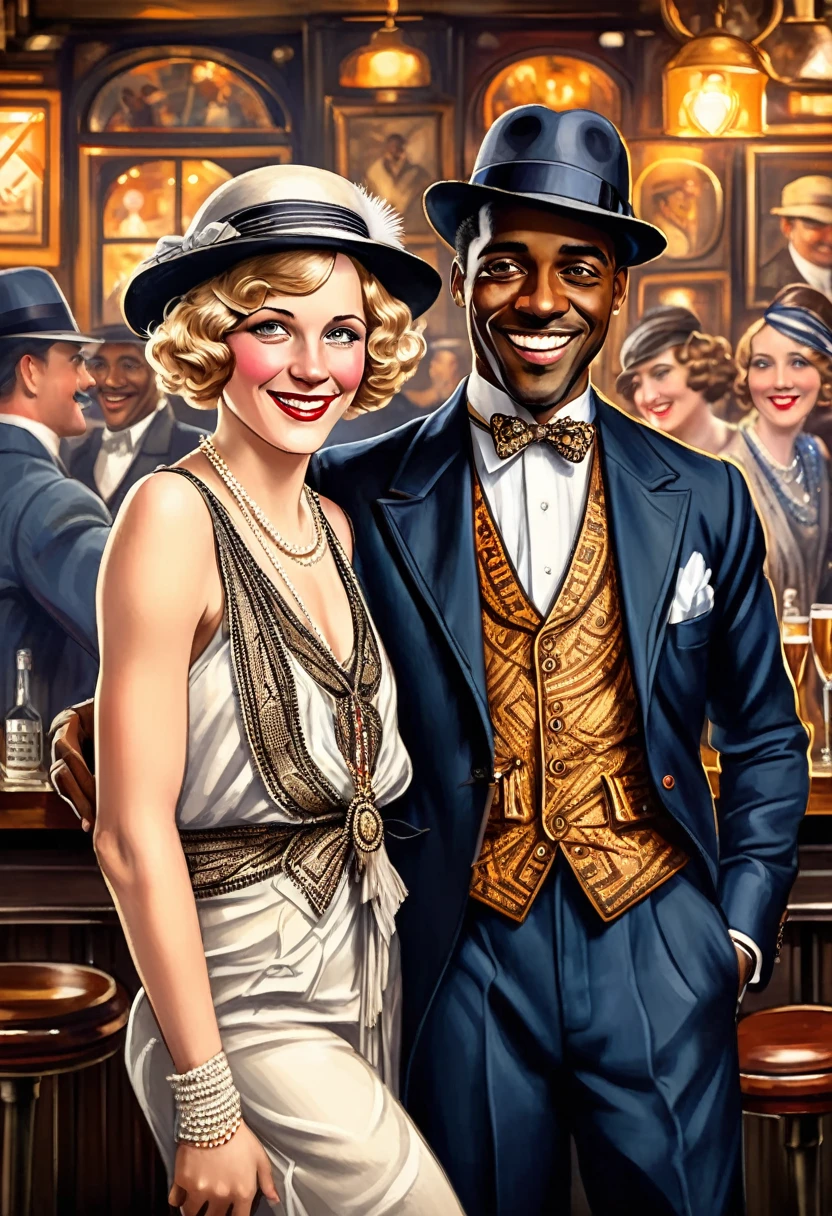 Black man dressed in a 1920s style African designed suit and white German woman dressed in 1920s style European attire, both smiling at the viewer. In a bar full of joyous people. 1920s style of art.