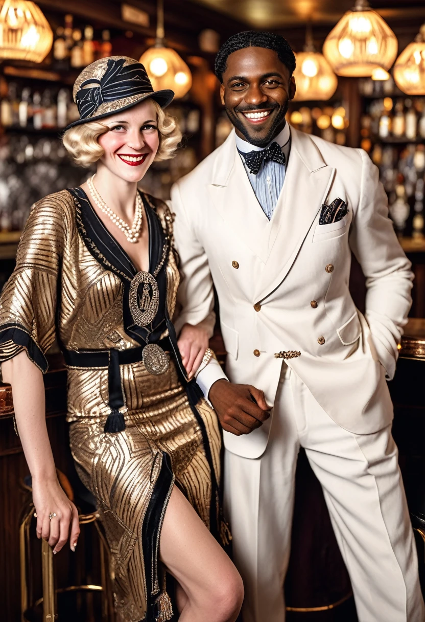 Black man dressed in a 1920s style African designed suit and white German woman dressed in 1920s style European attire, both smiling at the viewer. In a bar full of joyous people. 1920s style of art.