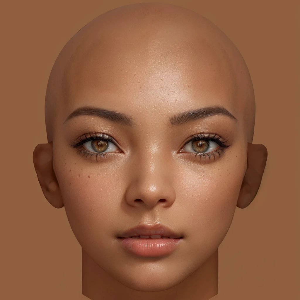 a close up of a woman with a bald head and a brown background, with very highly detailed face, highly detailed realistic face, detailed realistic face, natural face, skin with glam light, realistic beautiful face, beautiful realistic face, brown skin. light makeup, detailed and realistic face, realistic human face, realistic and detailed face, single realistic face, realistic skin color