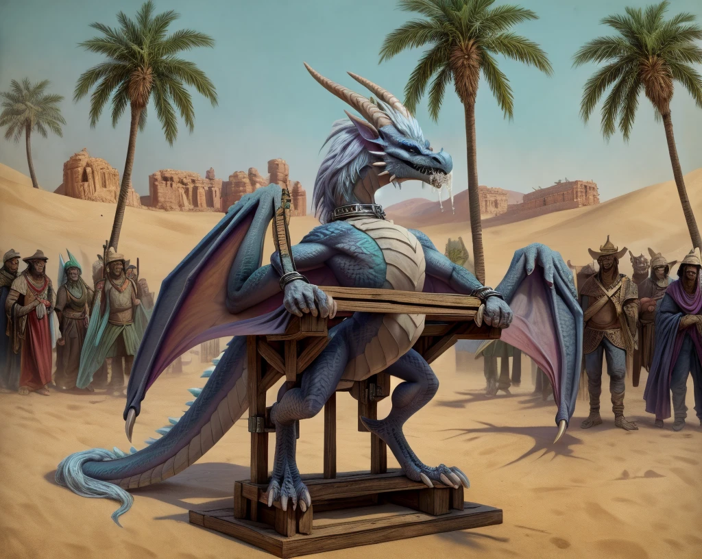 an extremely talented impressionist painting of mature AurothDOTA wyvern in arabic slave market, desert background, palm trees, standing on wide wooden platform wtih other slaves, crowd in arabic hats, masterpiece, best quality, ultra-high-detailed, feral, female, quadripedal, detailed scales, slim body, athletic, curvy, light blue mane, uploaded on e621, nsfw, questionable content, scalie, wings, wyvern, small breats, flat chested, beaten, legs chained together tightly, bdsm, collar, chain, cuffs, metal collar, cuff2collar, restrained, tally marks on belly, broken rape victim, standing, head put through stocks, focus on face, angry expression, angry face, fury, dragon slave, showing cum in mouth, cum running down legs, ass, from behind