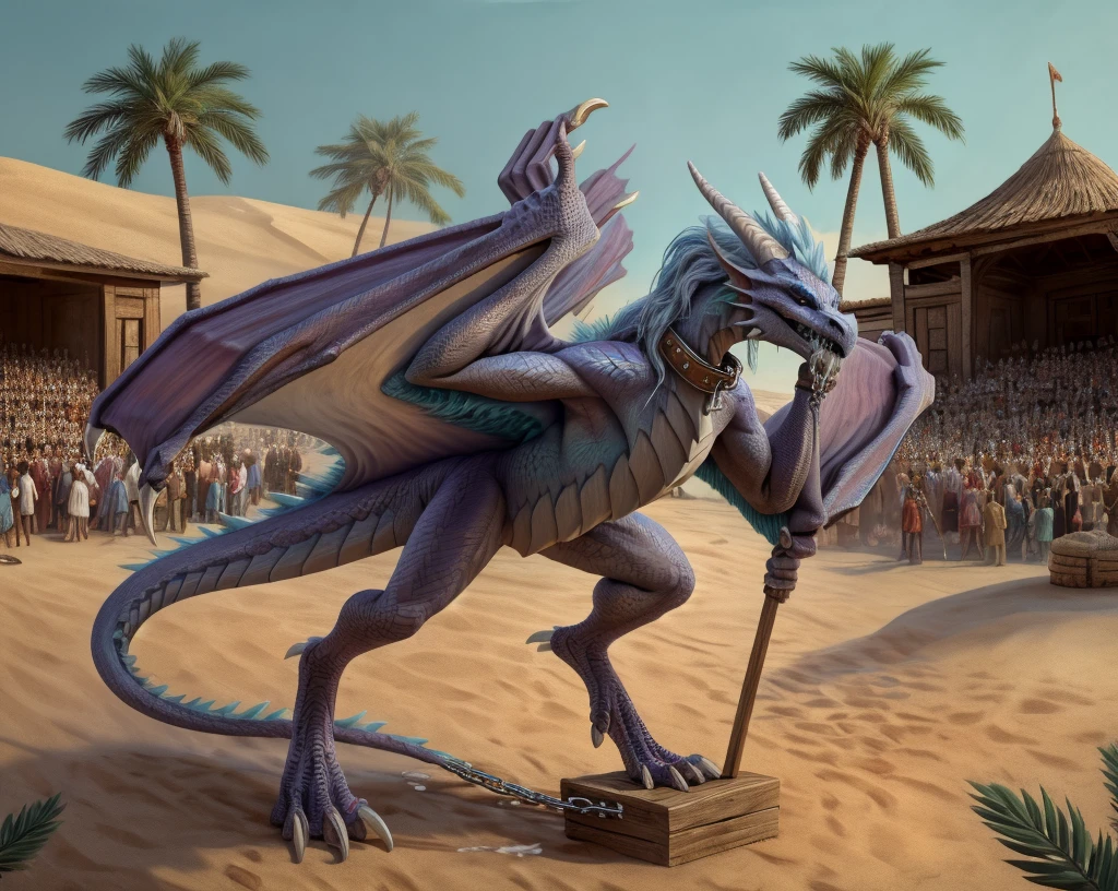 an extremely talented impressionist painting of mature AurothDOTA wyvern in arabic slave market, desert background, palm trees, standing on wide wooden platform wtih other slaves, crowd in arabic hats, masterpiece, best quality, ultra-high-detailed, feral, female, quadripedal, detailed scales, slim body, athletic, curvy, light blue mane, uploaded on e621, nsfw, questionable content, scalie, wings, wyvern, small breats, flat chested, beaten, legs chained together tightly, bdsm, collar, chain, cuffs, metal collar, cuff2collar, restrained, tally marks on belly, broken rape victim, standing, head put through stocks, focus on face, angry expression, angry face, fury, dragon slave, showing cum in mouth, cum running down legs, ass, from behind