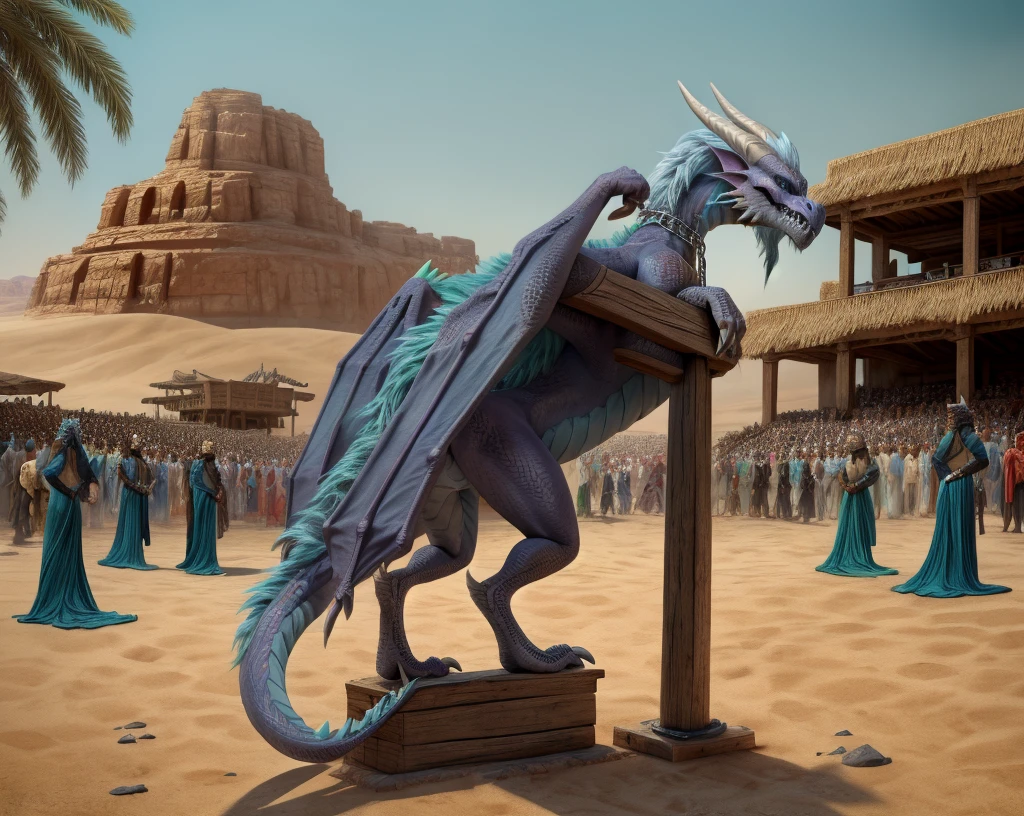 an extremely talented impressionist painting of mature AurothDOTA wyvern in arabic slave market, desert background, palm trees, standing on wide wooden platform wtih other slaves, crowd in arabic hats, masterpiece, best quality, ultra-high-detailed, feral, female, quadripedal, detailed scales, slim body, athletic, curvy, light blue mane, uploaded on e621, nsfw, questionable content, scalie, wings, wyvern, small breats, flat chested, beaten, legs chained together tightly, bdsm, collar, chain, cuffs, metal collar, cuff2collar, restrained, tally marks on belly, broken rape victim, standing, head put through stocks, focus on face, angry expression, angry face, fury, dragon slave, showing cum in mouth, cum running down legs, anus