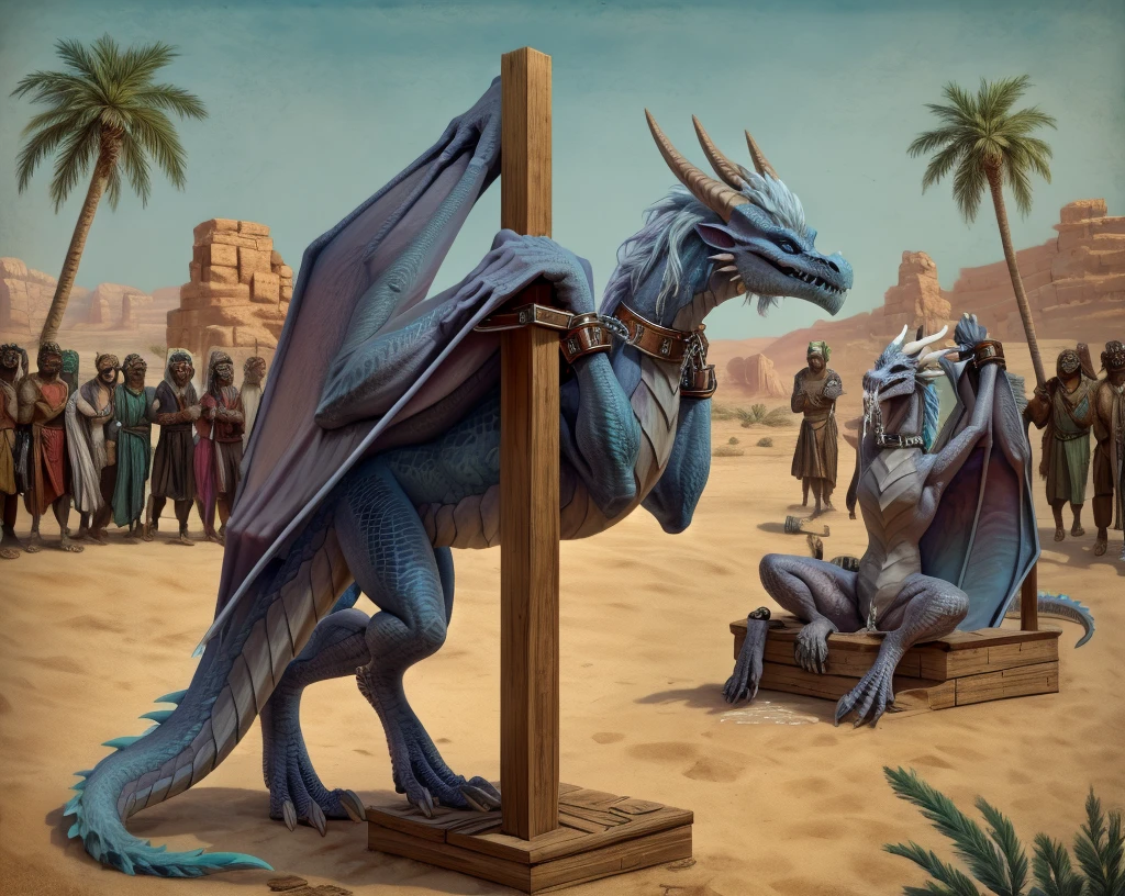 an extremely talented impressionist painting of mature AurothDOTA wyvern in arabic slave market, desert background, palm trees, standing on wide wooden platform wtih other slaves, crowd in arabic hats, masterpiece, best quality, ultra-high-detailed, feral, female, quadripedal, detailed scales, slim body, athletic, curvy, light blue mane, uploaded on e621, nsfw, questionable content, scalie, wings, wyvern, small breats, flat chested, beaten, legs chained together tightly, bdsm, collar, chain, cuffs, metal collar, cuff2collar, restrained, tally marks on belly, broken rape victim, standing, head put through stocks, focus on face, angry expression, angry face, fury, dragon slave, showing cum in mouth, cum running down legs, anus