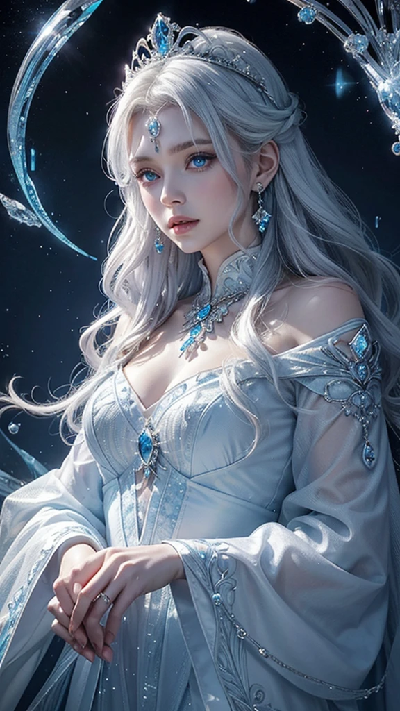 ice World　Ice Background　Fantasy　Elderly Ice Witch　long blue eyes　White skin　White, long, curly, wavy hair　　Ice Crown Tiara　Blue embellished long sleeve A-line dress　Gorgeous necklace　Gorgeous earrings　Cape　Ice wand