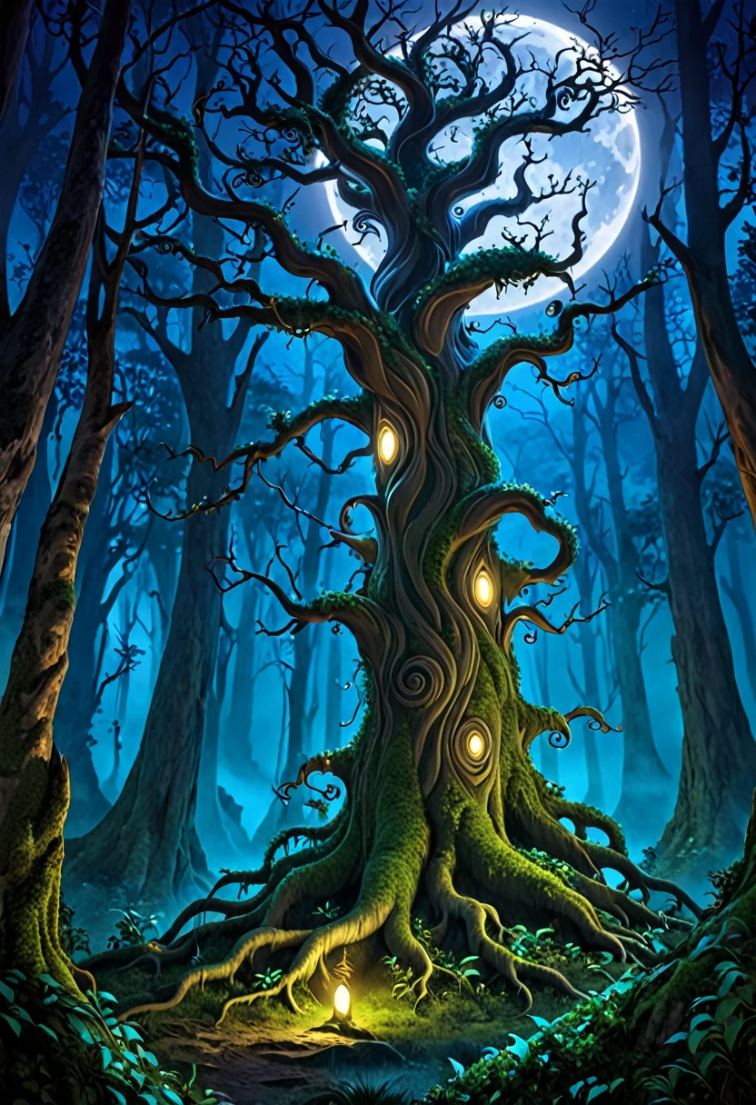 fantasy creature, look like a tree, erect penis, in the mysterious ancestral forest with moon light,