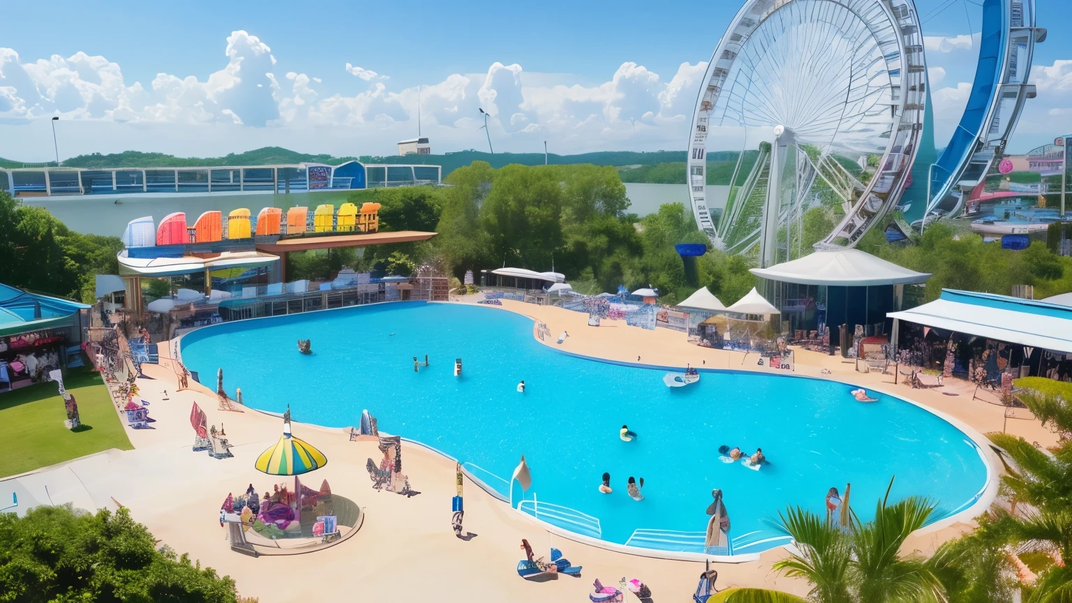 High-quality photos、Realistic photos、Vision、Amusement park on the hill、You can see the Ferris wheel、Large swimming pool、A fine summer day、Poolside stage