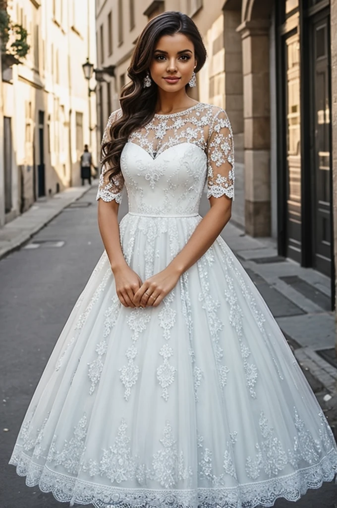 It's gray, with long, wide sleeves made of tulle, It has a V-neckline and floral appliqués that go down the torso. A red ribbon is tied at the waist and gives rise to a skirt full of red flowers that falls to my ankles..
You can recreate this dress?