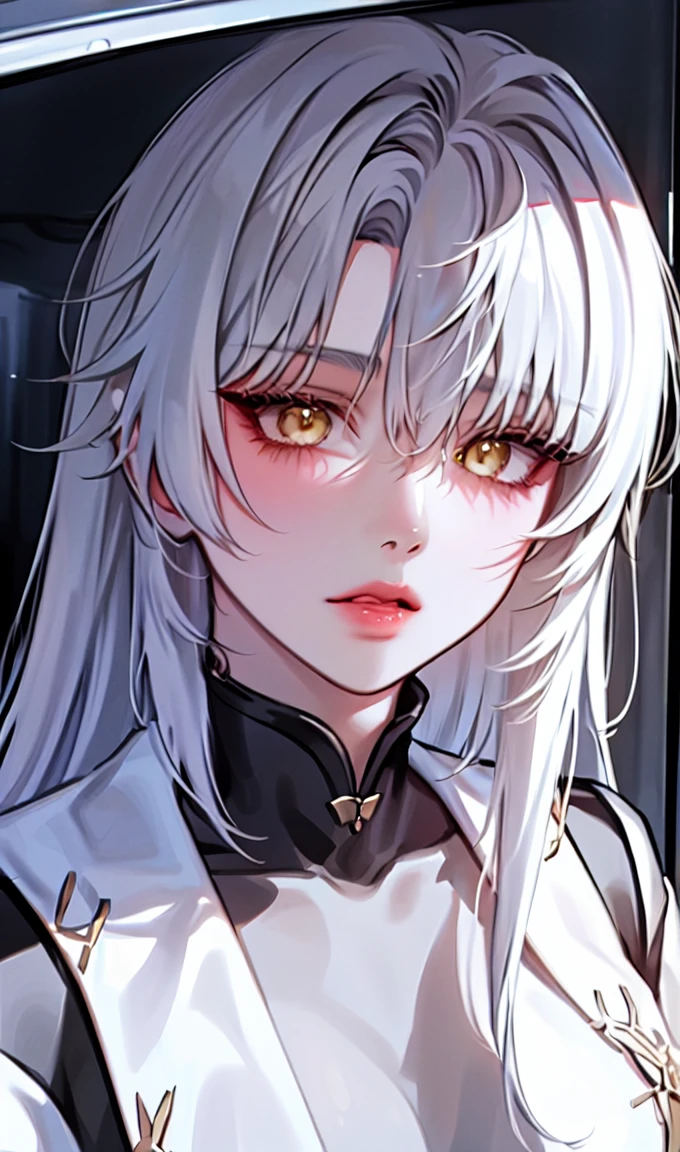 1girl, portrait, solo,lips, female focus, yellow eyes, looking at viewer, white hair, long hair, open mouth, cute