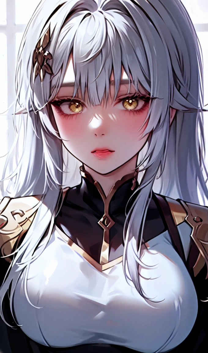 1girl, portrait, solo,lips, female focus, yellow eyes, looking at viewer, white hair, long hair, open mouth, cute