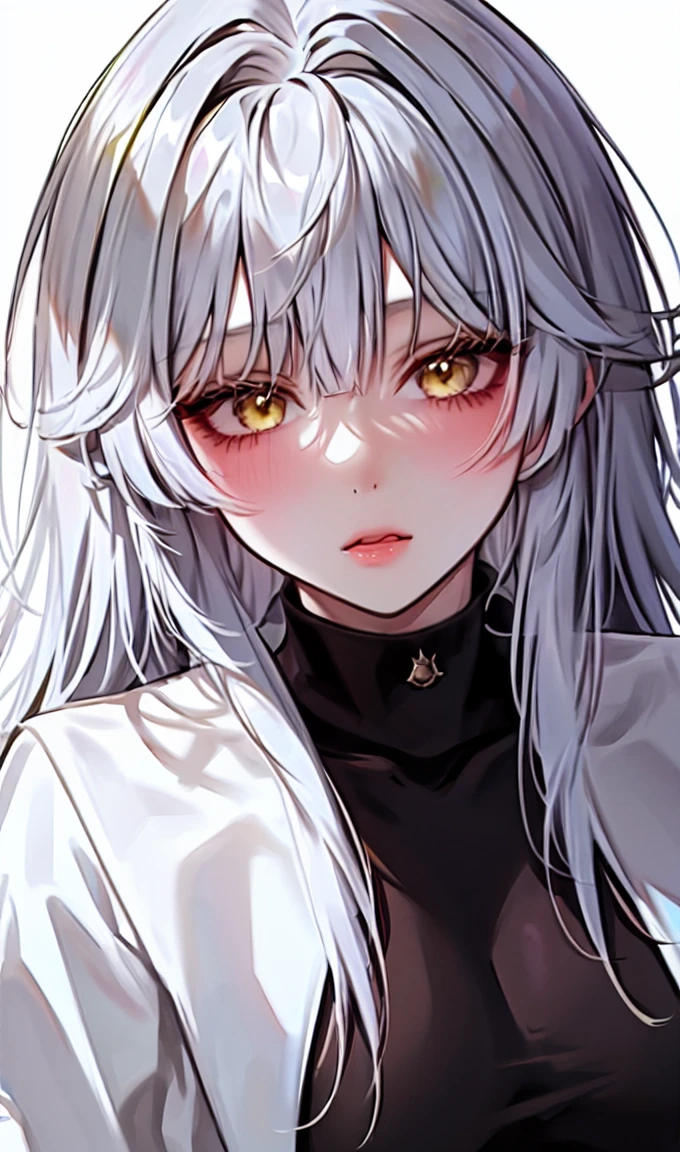 1girl, portrait, solo,lips, female focus, yellow eyes, looking at viewer, white hair, long hair, open mouth, cute