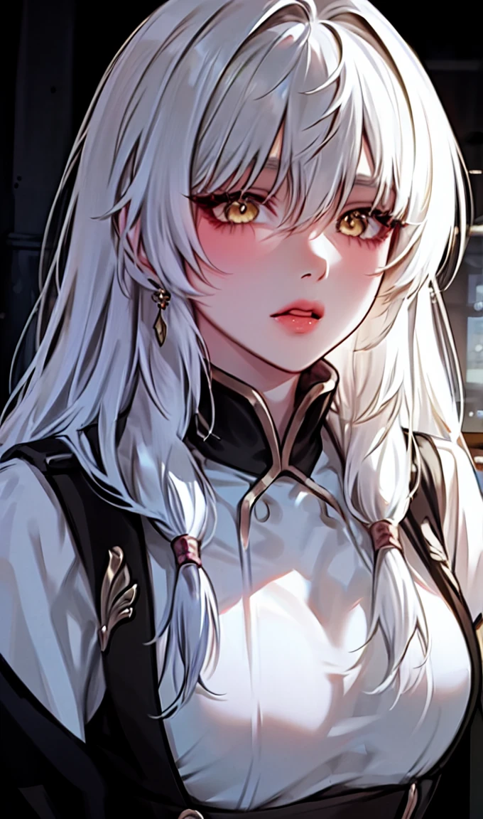 1girl, portrait, solo,lips, female focus, yellow eyes, looking at viewer, white hair, long hair, open mouth, cute