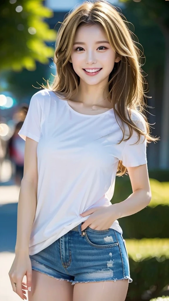 Highest quality、Precise beauty、Beautiful long hair woman、The most beautiful woman in the world、Beautiful and sharp face、21 years old、Smooth hair that looks blonde、Golden Hair、Blonde Hair、long hair、Very detailed顔、Cute Smile、Big eyes、Small face、Ample breasts、T-Shirts、High resolution、8k wallpaper、The gesture of pulling up the hair、Very detailed、masterpiece、Very bright photo、One woman、Shorts、Big Ass、Beautiful legs