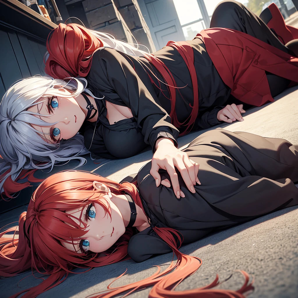 A girl with long, wavy, light red hair, She has heterochromia with one right side of her eye blue and the left side dark brown., wears black clothes and wears a black choker. A girl with long white hair and sky blue eyes, wears sunglasses with round black lenses. A girl with dark red hair tied in a ponytail and dark blue eyes. Three characters lying on the floor.