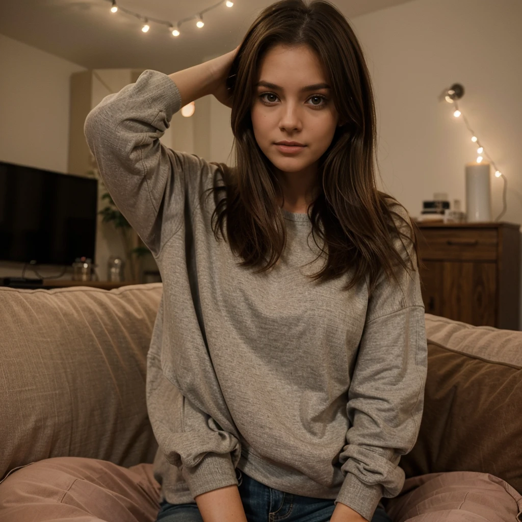 realism, delicate fourteen-year-old girl, brown hair, medium hair, freckles, beautiful face and eyes, light complexion, ideal build, small breast, oversize white sweater, exposed legs, sitting on the bed, soft lighting, backlit lighting, 8k, HDR, RAW photo, 70mm, f/2.8, Cannon