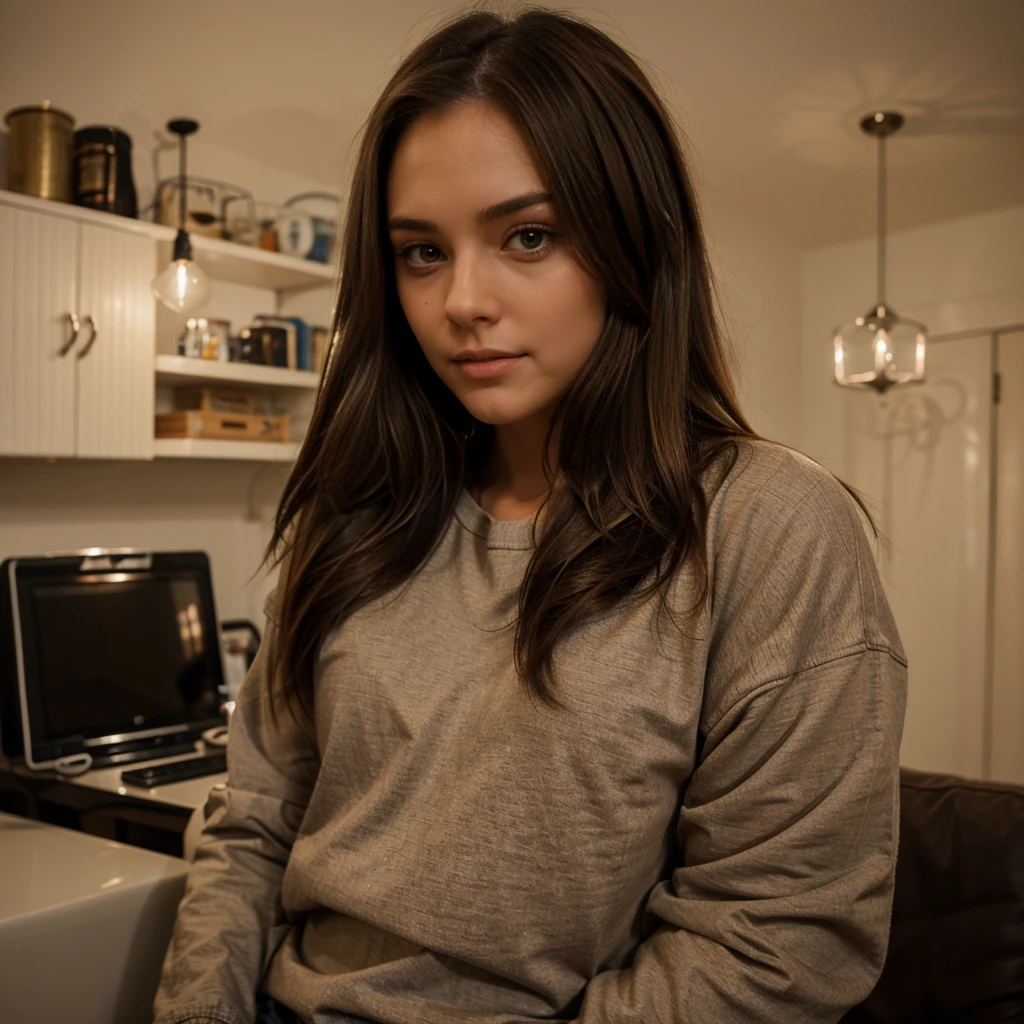 24 year old girl, brown hair, A cute and casual photo is taken at home at night, hyper realistic casual and cute