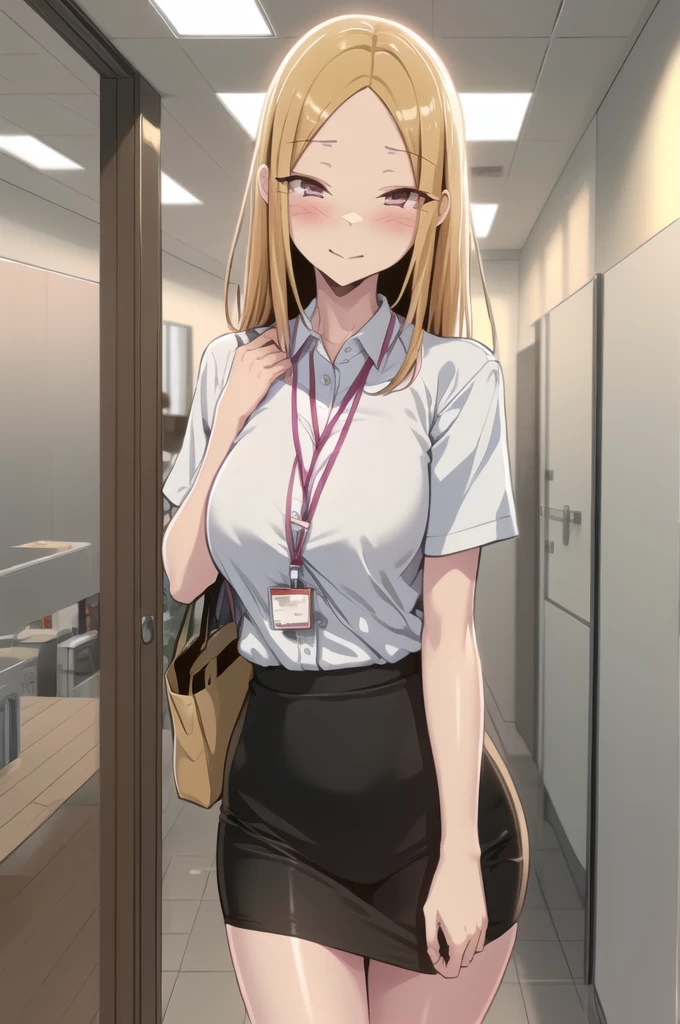 1lady standing, /(casual shirt/) (pencil skirt:1.1) /(id card lanyard/), (mature female) bangs, blush kind smile, (masterpiece best quality:1.2) delicate illustration ultra-detailed, large breast BREAK /(modern office indoors/), window skyscraper, look at viewer