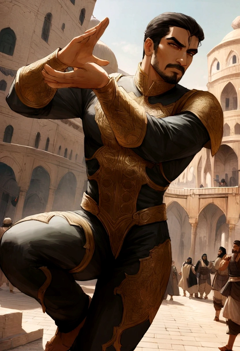 (Iraqi man), marb1e4rmor, wearing marbl golde bodysuit, dynamic pose, fighting stance, (fantasy city background),, realistic, masterpiece, intricate details, detailed background, depth of field, photo of a handsome man,