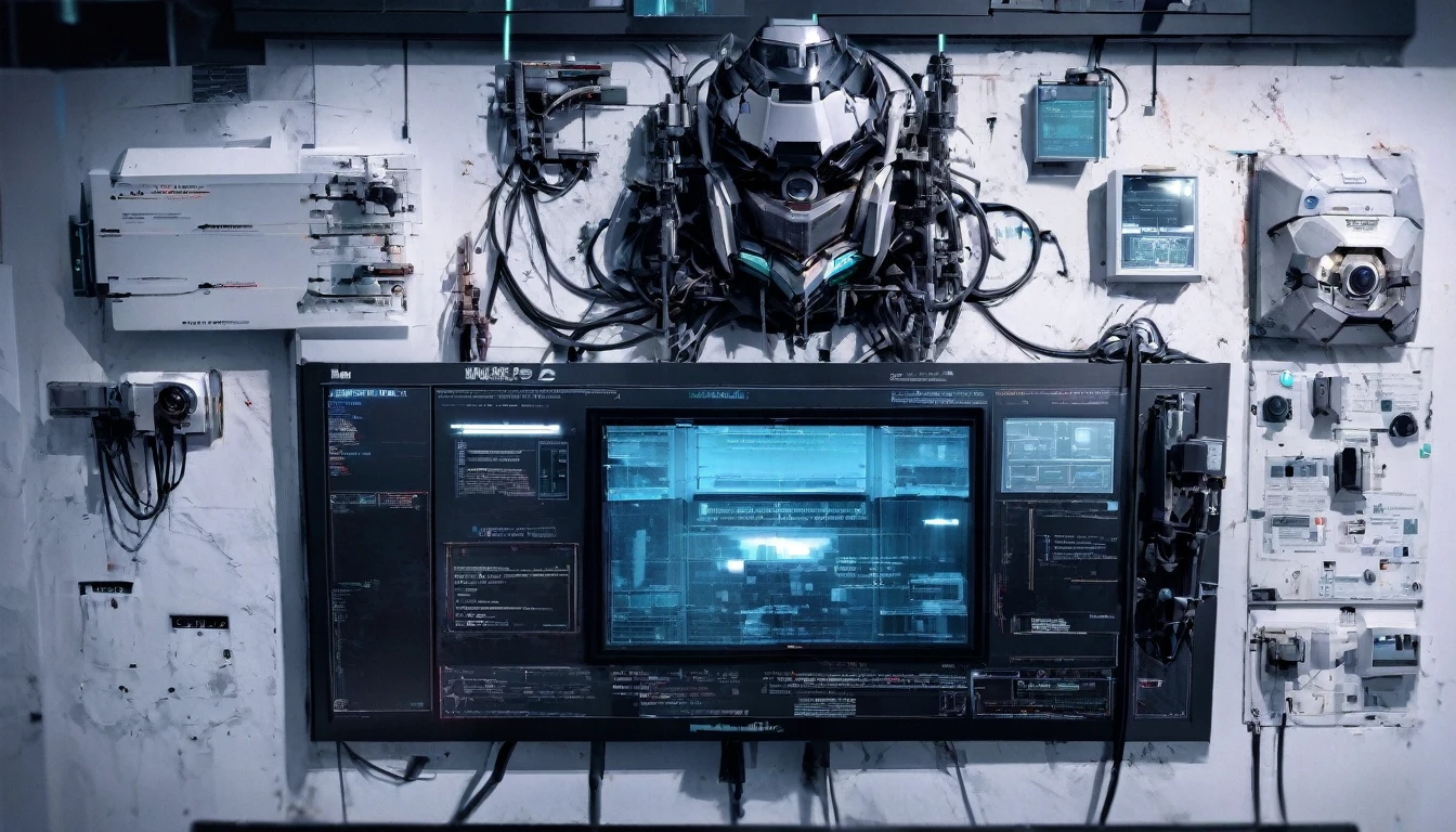Wall close-up photography, Take a photo straight-on facing the wall. The clinic of the future will have a sci-fi-like monitor。Bright spot with white walls, Scientific research, The camera is parallel