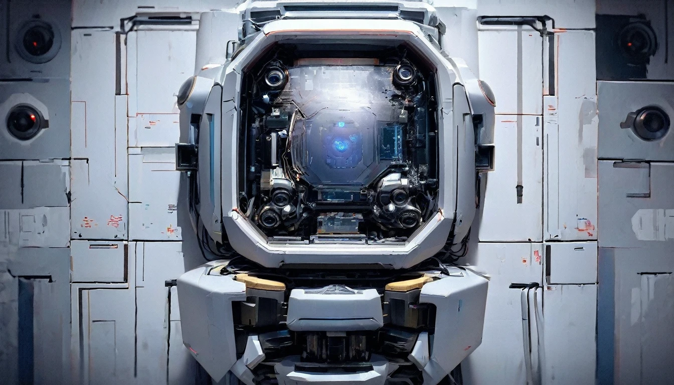 Wall close-up photography, Take a photo straight-on facing the wall. The clinic of the future will have a sci-fi-like monitor。Bright spot with white walls, Scientific research, The camera is parallel