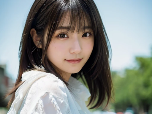 (Highest quality,masterpiece:1.3,Ultra-high resolution),(Very detailed,Caustics,8K),(Realistic:1.4,RAW shooting),Japanese,23 years old,cute,Are standing,(I'm looking at the camera with a smile on my face),Black hair medium hair,White blouse,Knee-length skirt,street,Low Angle,Cowboy Shot,Face Focus,Face close-up,Soft sunlight,Natural light,Long Hair