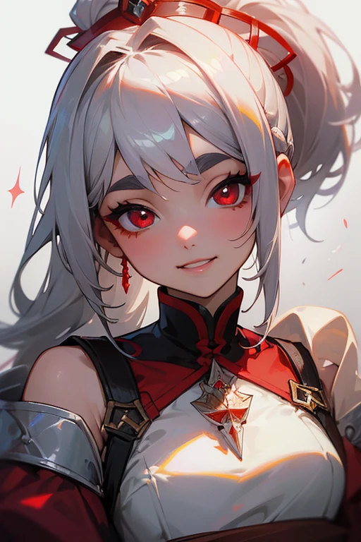 (Highest quality, masterpiece:1.2), High resolution, 最高masterpiece、Very detailed, Realistic:1.37, Fantasy, An illustration,Gray Hair、 Red eyes、Queen, White Dress、Platinum decoration、beautifully、Eyeshadow Red、Thick eyebrows、Long eyelashes、pupils are black、shiny on the lips、Top Sites、Queen、Princess、ponytail、A kind smile、Show your teeth a little and smile、Soft impression、people々々々々々々Loved by、Slimming the face、Shoulder Bare、sexy、learn more、Braiding、